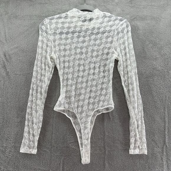 BARDOT Top Women M White Lace Floral Sheer Bodysuit Snap Button Mock Neck LS - Picture 7 of 13